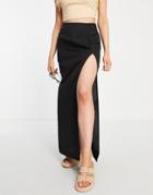 Asos Design Linen Maxi Skirt With Split In Black