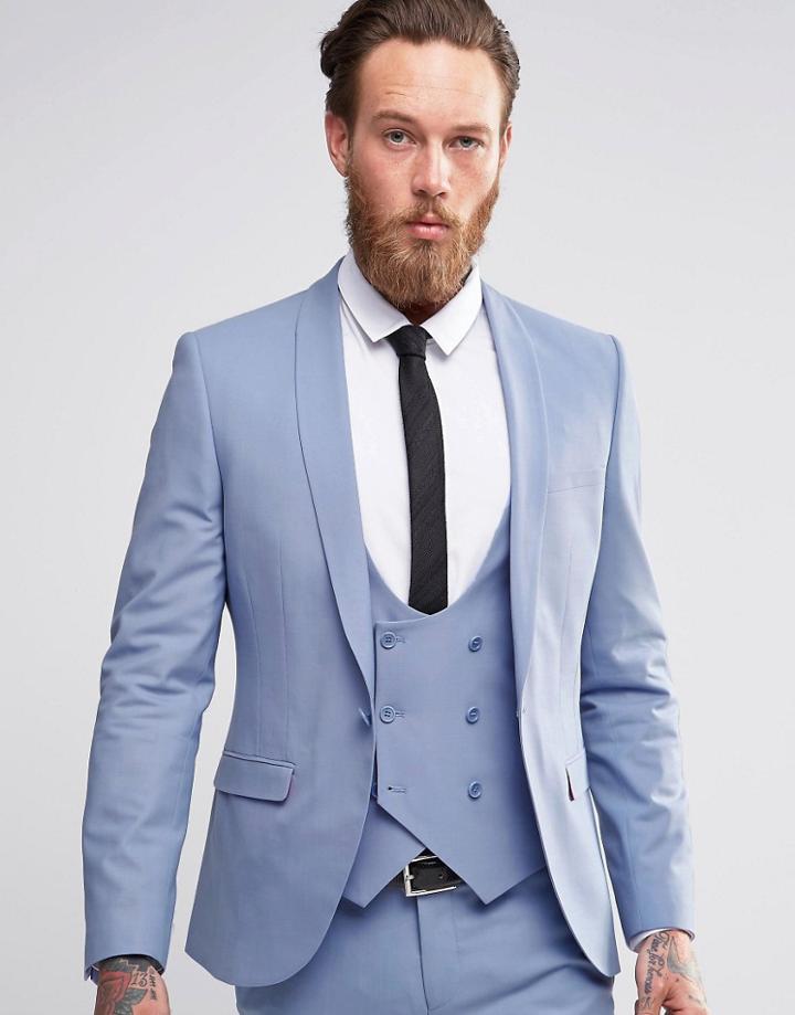 Noose & Monkey Suit Jacket With Stretch And Shawl Lapel In Super Skinny Fit - Sky Blue