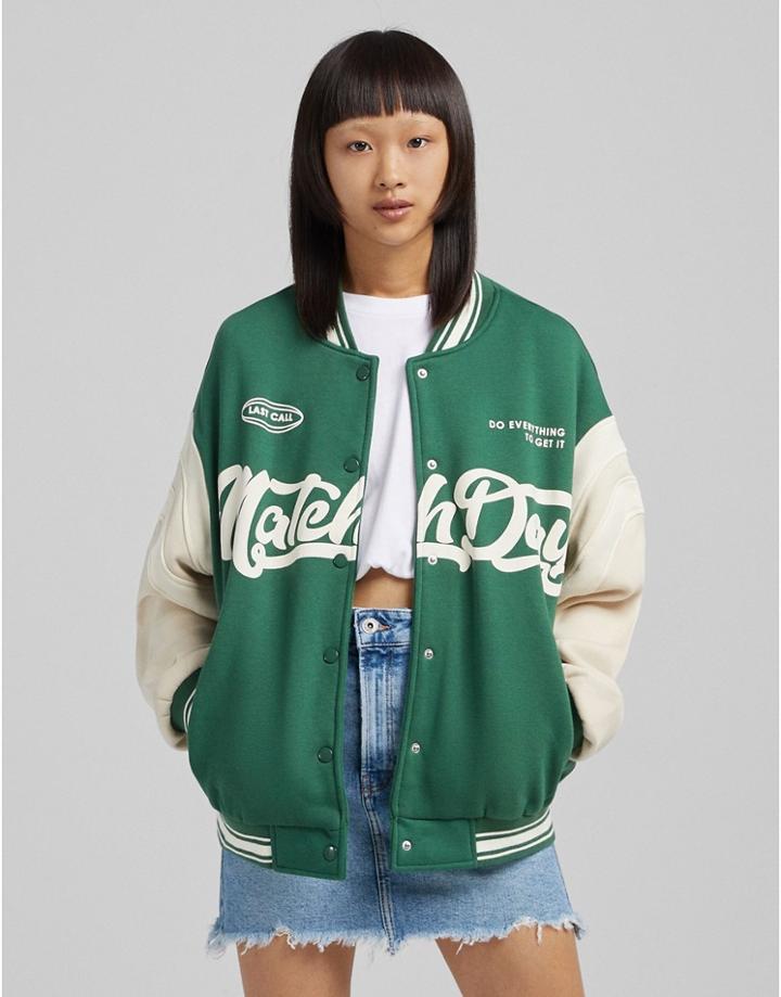 Bershka Varsity Oversized Bomber Jacket In Green