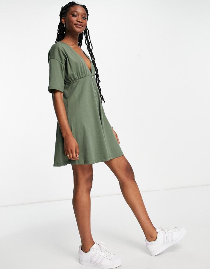 Asos Design Tea Dress With Horn Buttons In Khaki-green