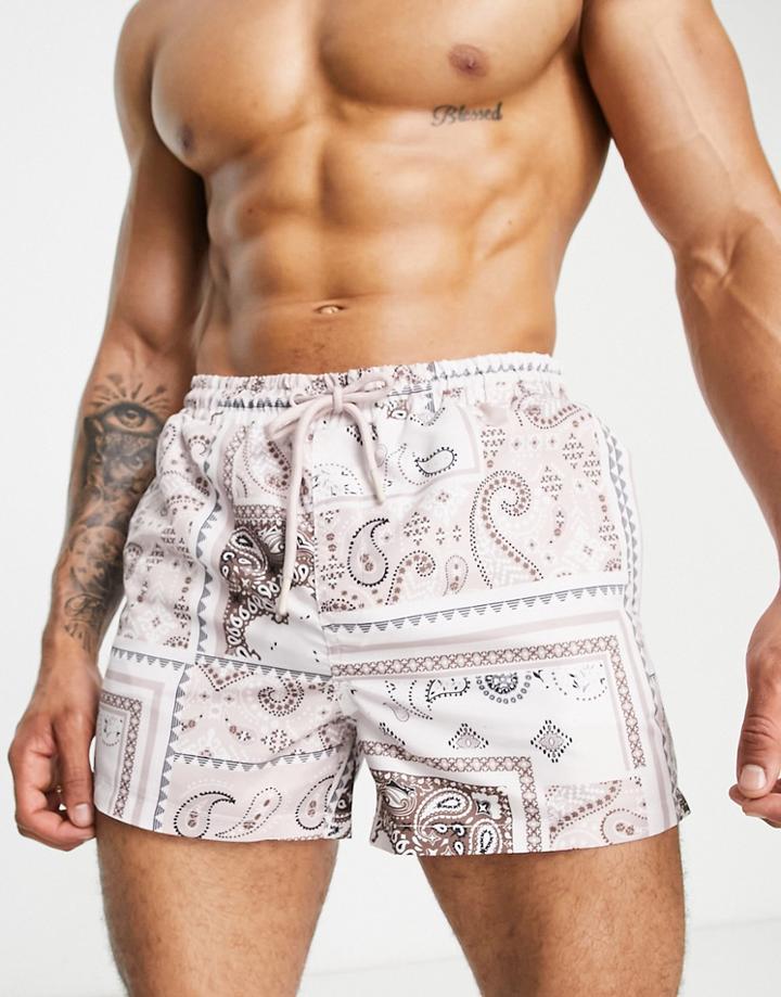 River Island Paisley Print Swim Shorts In Stone-multi