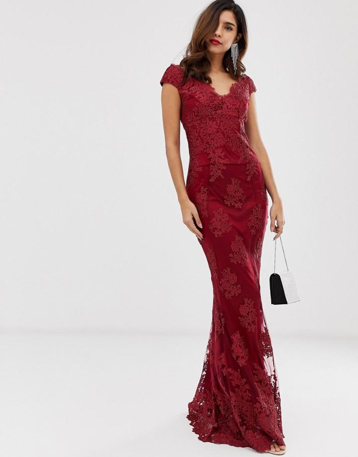 City Goddess Bardot Lace Floral Maxi Dress - Red