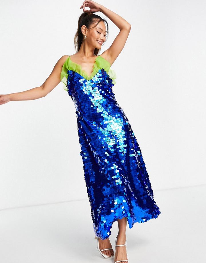 Lost Ink Midi Strappy Dress In Blue Sequin With Organza Ruffle-blues