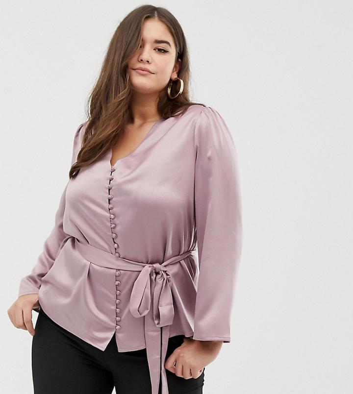 Fashion Union Plus Satin Button Front Blouse - Purple