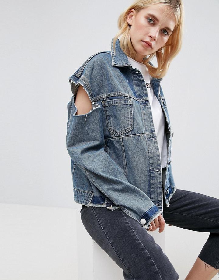 Asos Denim Deconstructed Jacket With Cold Shoulder - Blue