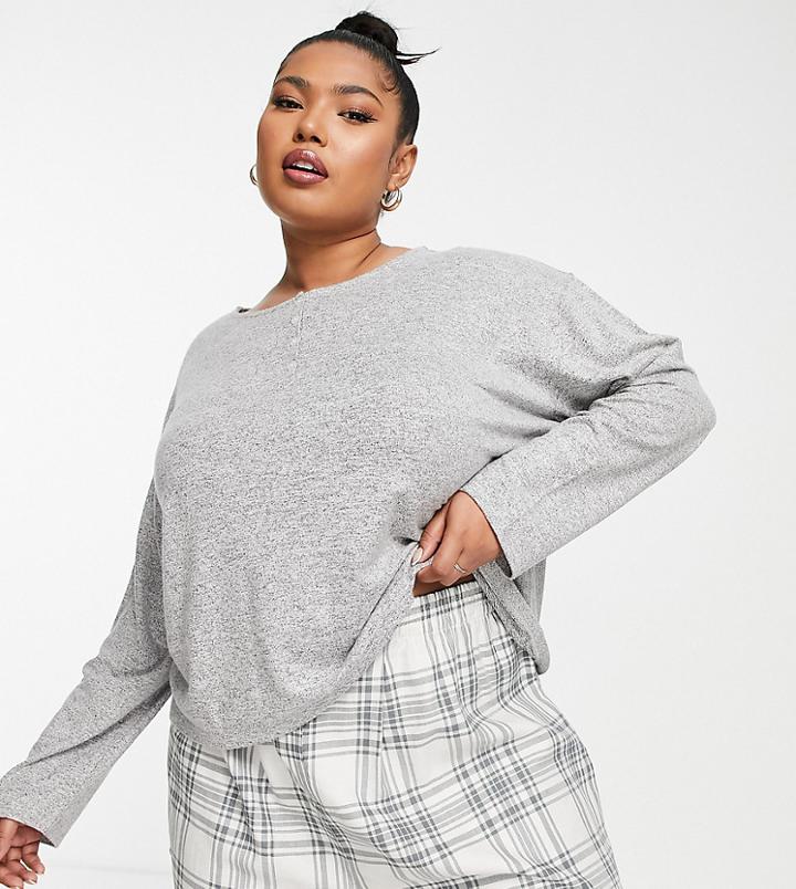 Asos Design Curve Lounge Super Soft Henley Top & Woven Plaid Boxers Short In Gray