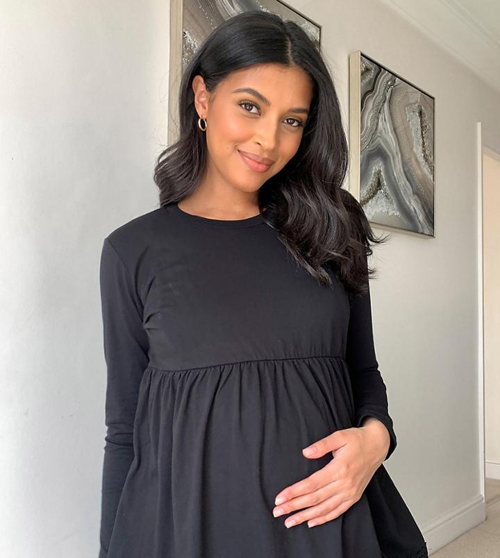 Asos Design Maternity Nursing Long Sleeve Smock Top With Crochet Hem In Black