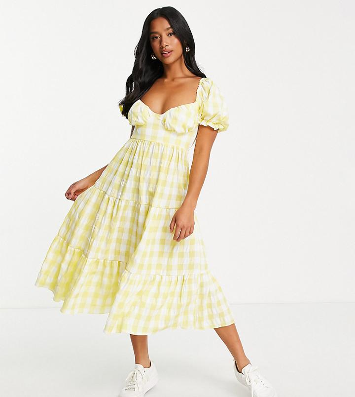 Miss Selfridge Petite Gingham Chiffon Midi Dress In Yellow