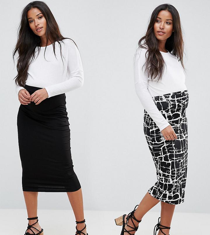 Asos Maternity Over The Bump Longer Line Skirt 2 Pack Midi In Print & Plain - Black