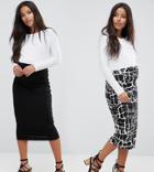 Asos Maternity Over The Bump Longer Line Skirt 2 Pack Midi In Print & Plain - Black