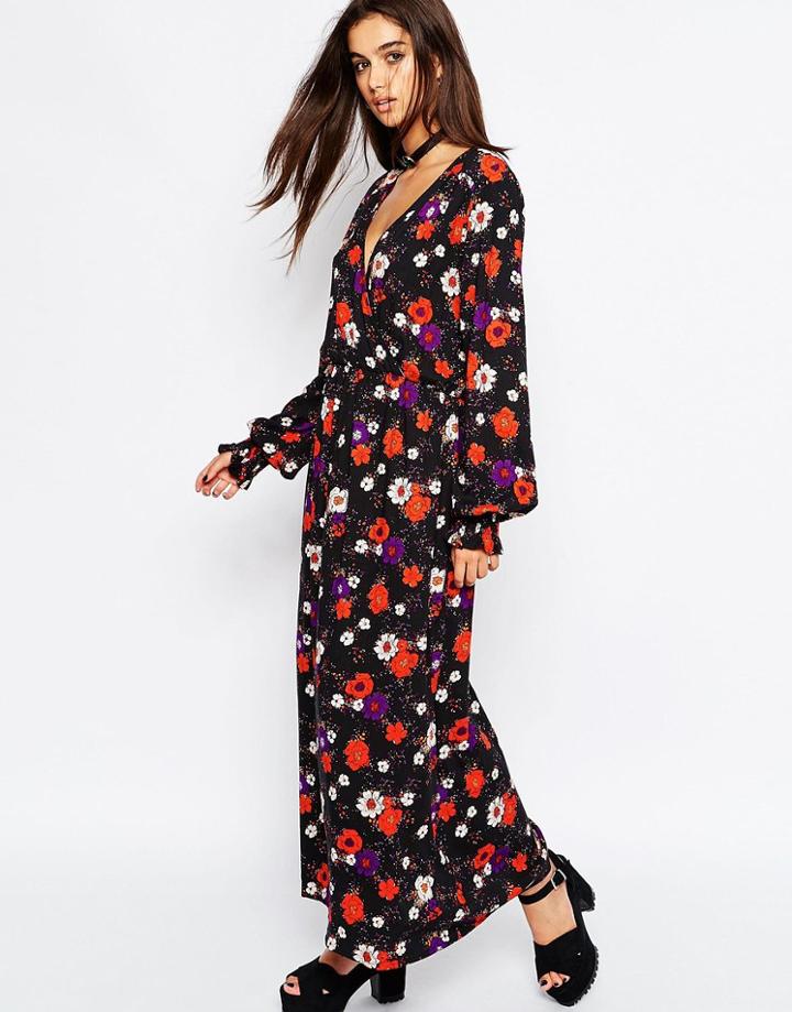 Motel Happa Maxi Dress In Poppy Print - Black