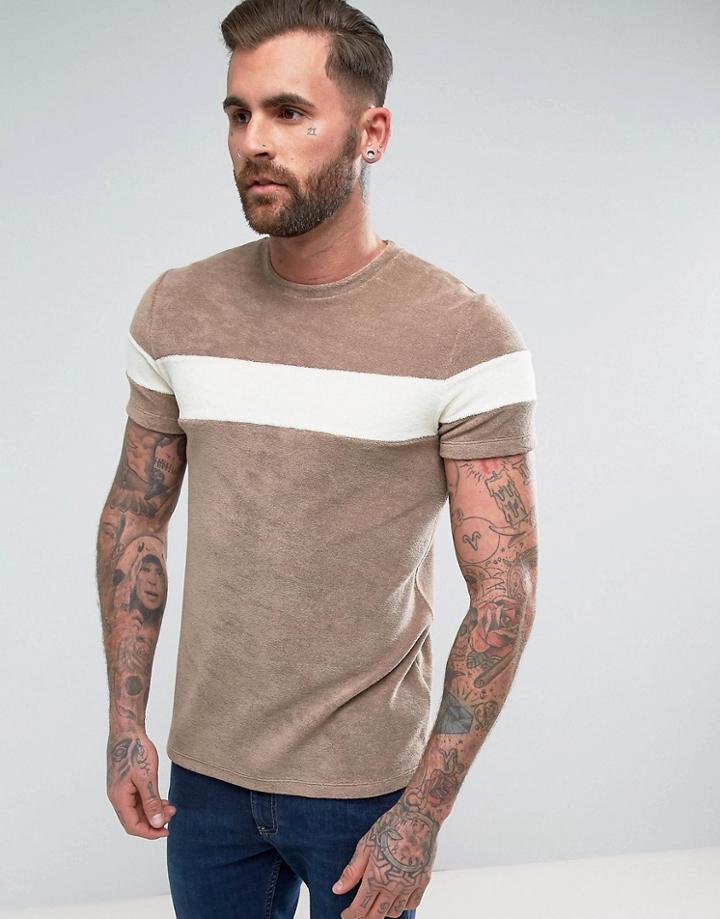 Asos T-shirt In Towelling Fabric With Contrast Panel In Sand - Beige