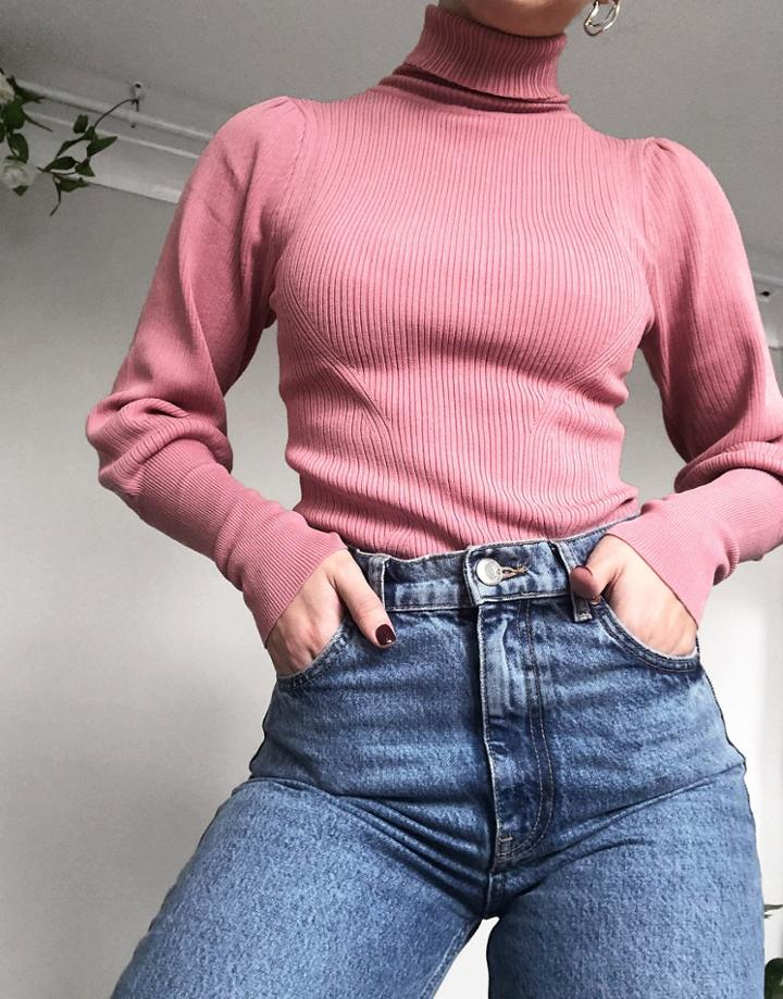 Asos Design Ribbed Sweater With High Neck In Dusky Pink