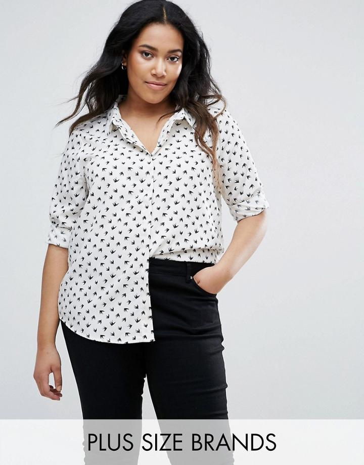 Brave Soul Plus Beatrice Shirt In Bird Print - Cream