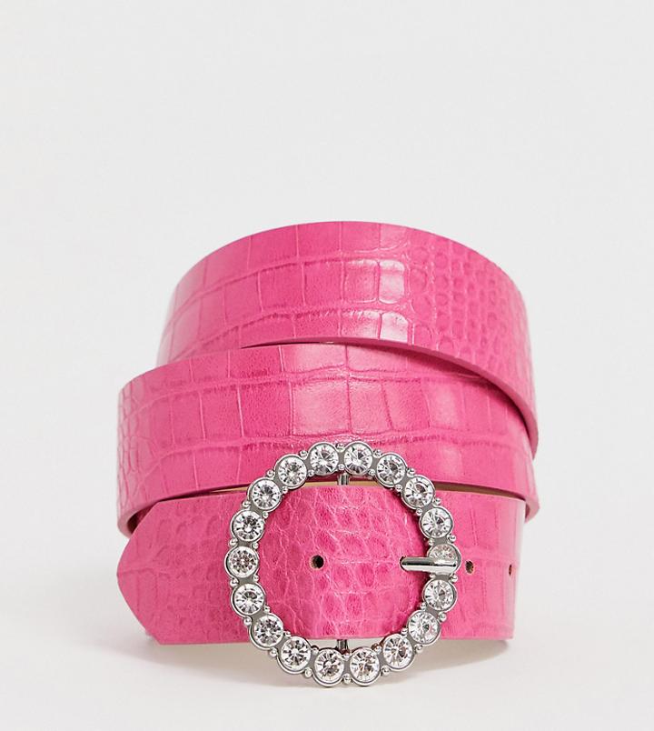 Asos Design Curve Circle Rhinestone Waist And Hip Belt In Pink Croc