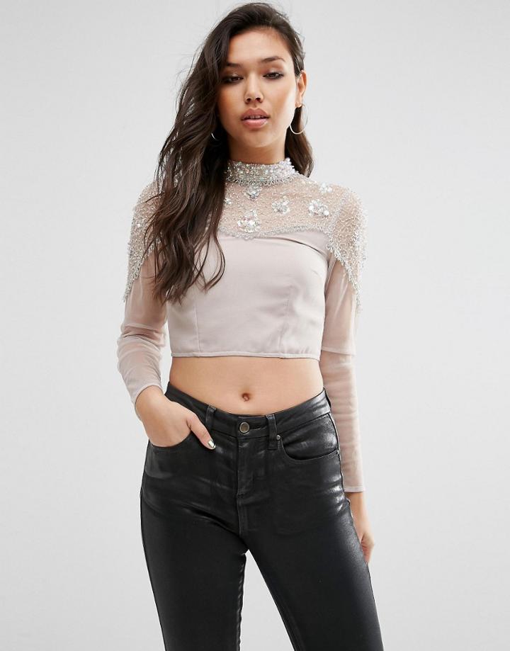 Asos Long Sleeve Embellished Crop Top - Blush