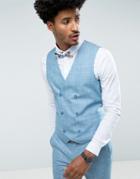 Asos Wedding Skinny Suit Vest In Crosshatch Nep In Light Blue With Floral Print Lining - Blue