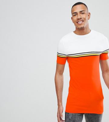 Asos Design Tall Muscle Longline T-shirt With Bright Color Block And Taping In Orange - Red