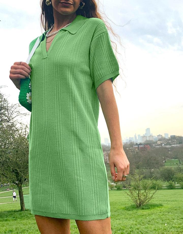 Asos Design Mini Dress With Collar Detail In Green