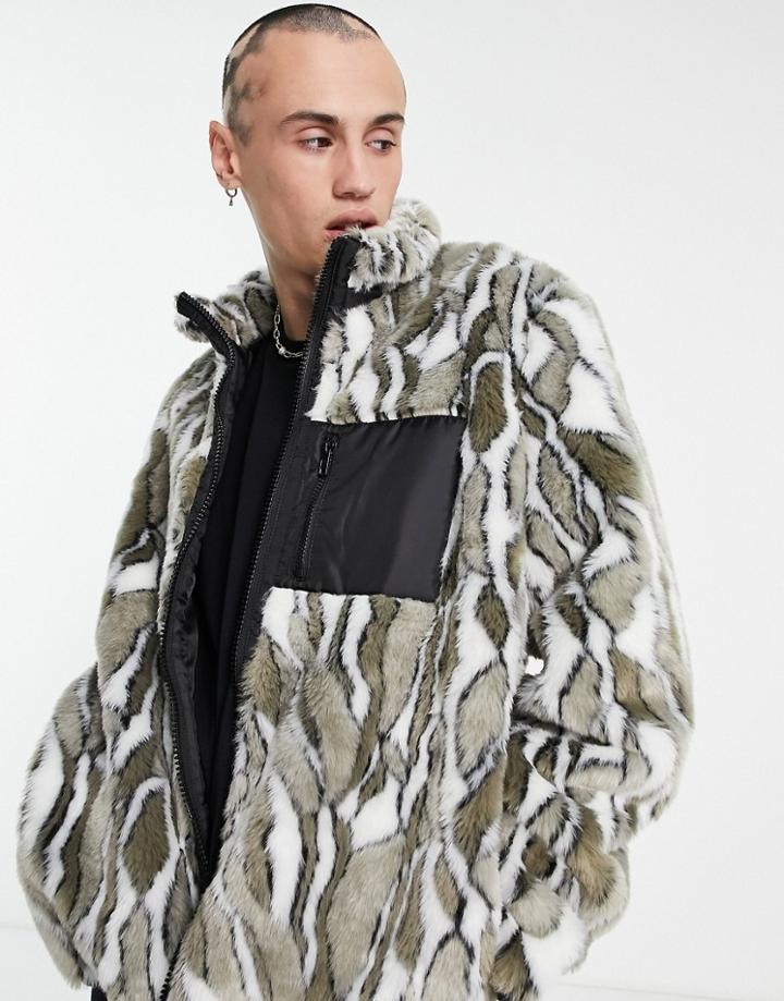 Asos Design Faux Fur Jacket With Contrast Pocket In Animal Print-black
