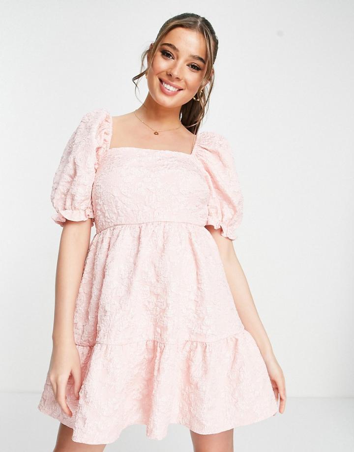 Miss Selfridge Jacquard Puff Sleeve Tiered Mini Dress In Pink