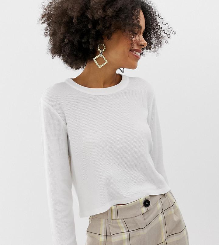 Monki Long Sleeve Top With Waffle Texture In White-multi
