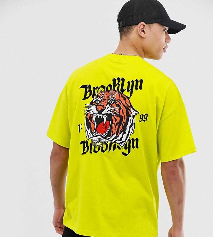 Asos Design Tall Oversized T-shirt With Tiger In Heavy Embroidery - Green