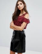 Ax Paris Cold Shoulder Frill Blouse In Lace - Red