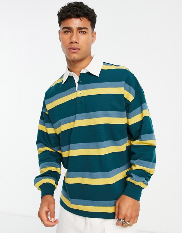Only & Sons Oversized Rugby Shirt In Teal Stripe-green