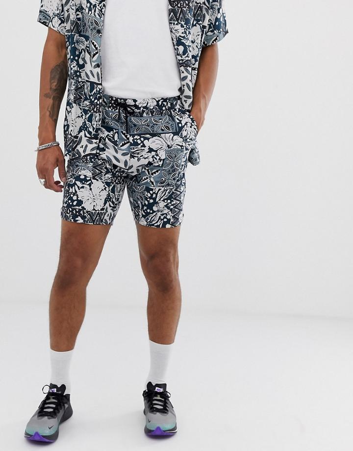 Bershka Slim Fit Two-piece Shorts With Floral Print In Blue