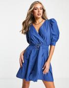 Trendyol Puff Sleeve Belted Mini Dress In Blue