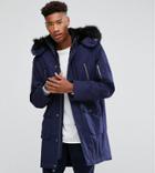 Asos Tall Heavyweight Parka With Faux Fur Lining In Blue - Blue