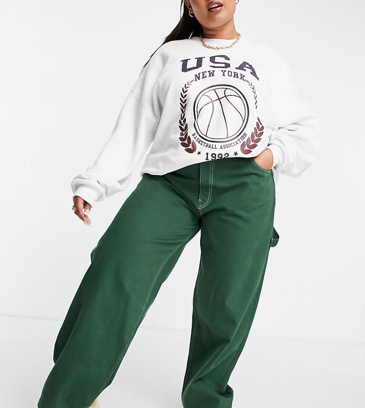 Asos Design Curve Mid Rise Oversized 'skater' Jean In Racing Green With Contrast White Thread
