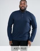 Asos Plus Long Sleeve Jersey Polo In Navy - Navy