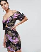 Flounce London Printed Off Shoulder Bodycon Midi Dress With Cut Out Front - Multi
