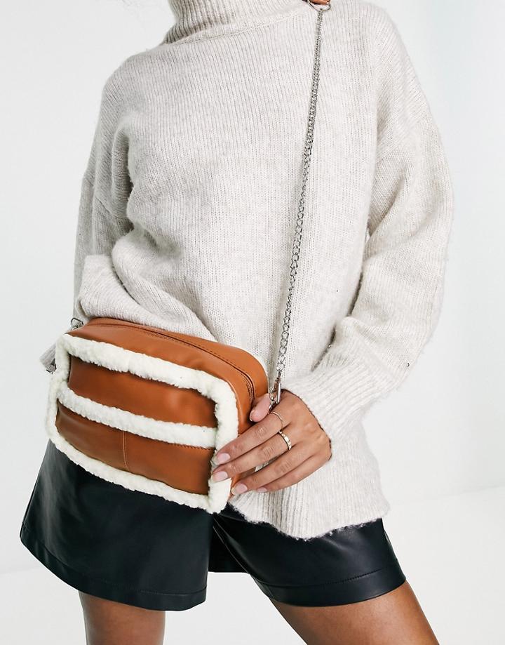 Svnx Borg Shoulder Bag In Tan-brown