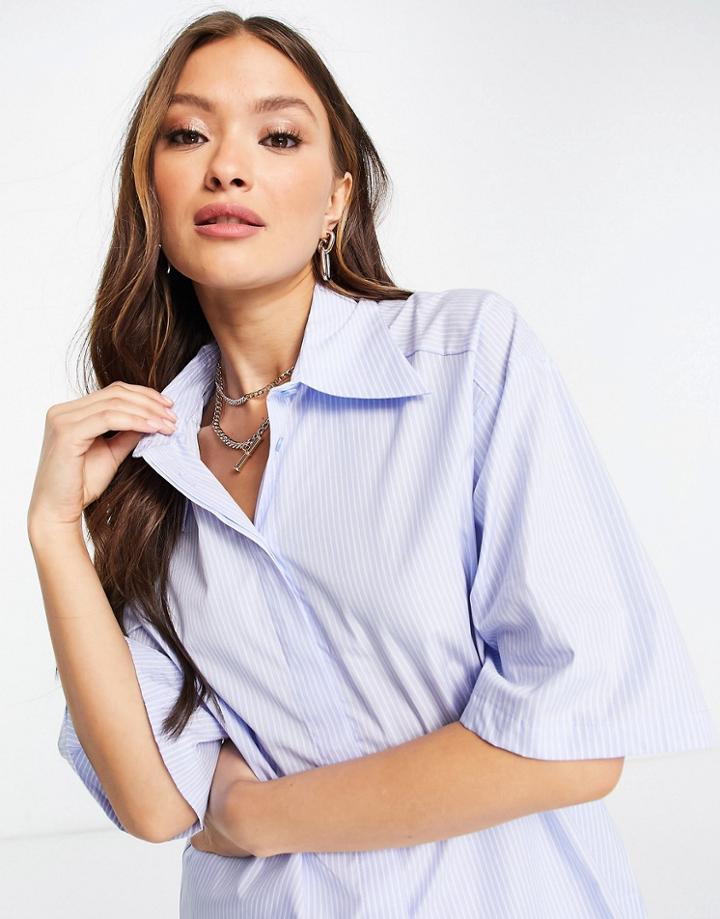 Mango Boxy Button Front Shirt In Blue Stripe-blues