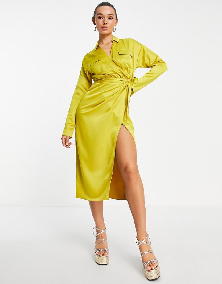 Asos Design Satin Collared Wrap Midi Shirt Dress In Mustard-yellow