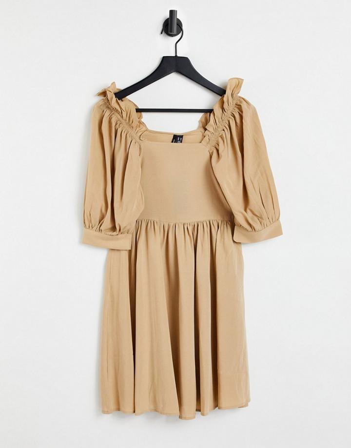 Vero Moda Puff Sleeve Smock Dress In Camel-neutral