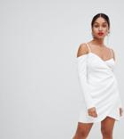 Asos Design Petite Off Shoulder Mini Dress With Ruched Side-white