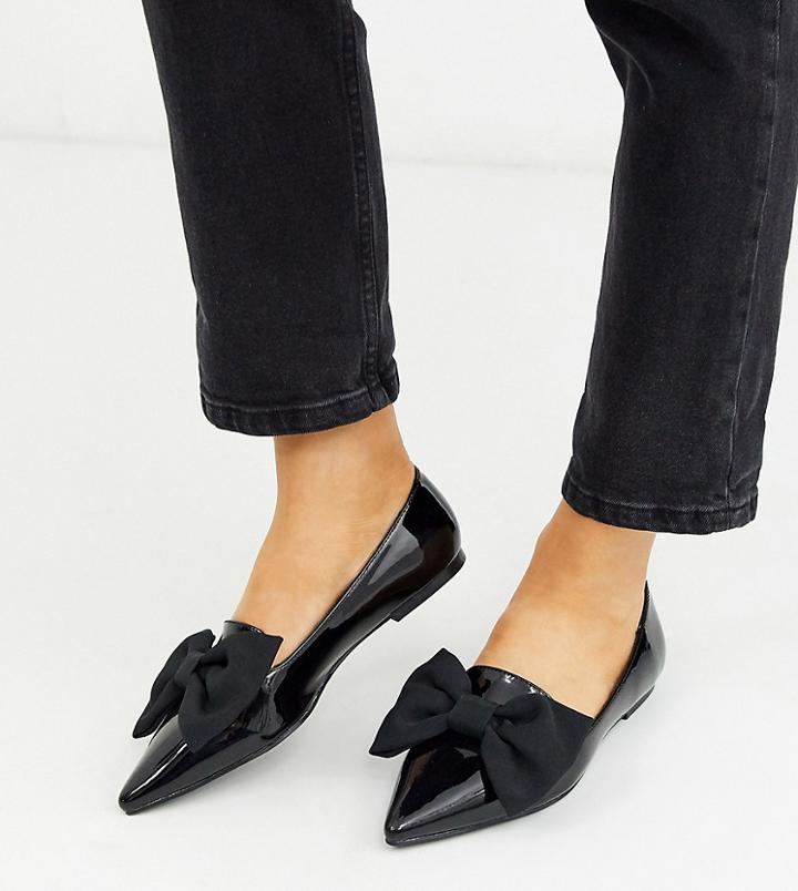 Asos Design Wide Fit Lake Bow Pointed Ballet Flats In Black