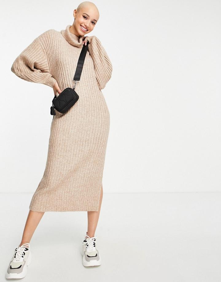 Asos Design Ribbed Midi Dress With Cowl Neck In Taupe-neutral