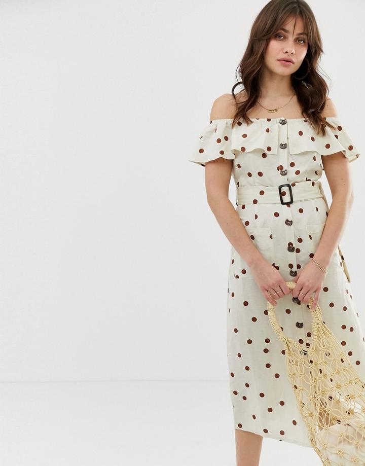 Moon River Off Shoulder Spotty Buttonthrough Dress-cream