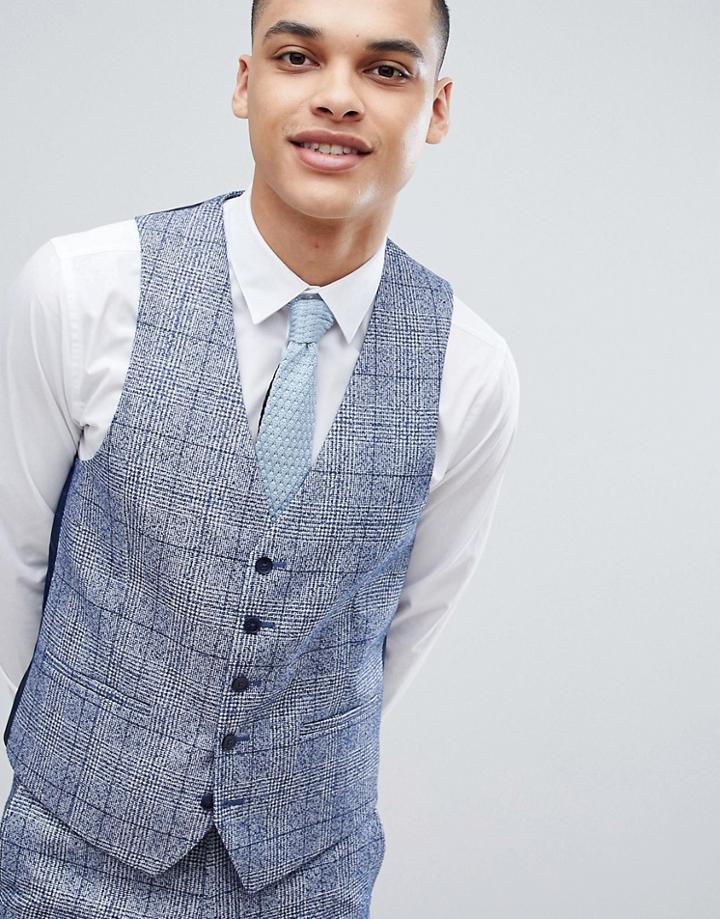Moss London Wedding Skinny Suit Vest In Fleck Check-blue