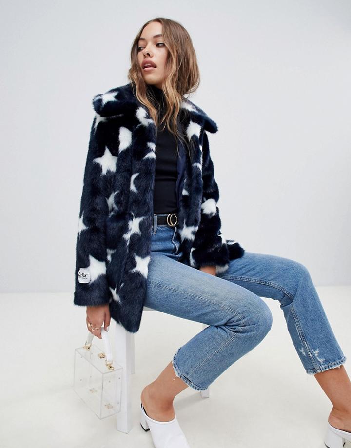 Jakke Mid Length Faux Fur Jacket In Celstial Print - Navy