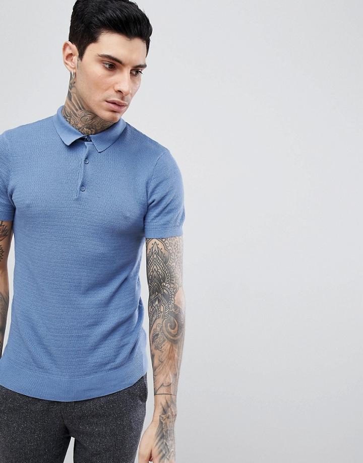 Process Black Short Sleeve Waffle Knit Polo - Blue