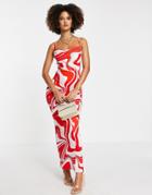Asos Design Cami Cowl Maxi Dress In Red And Cream Swirl Print-multi