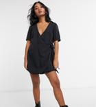 Asos Design Petite Soft Denim Wrap Smock Dress In Black