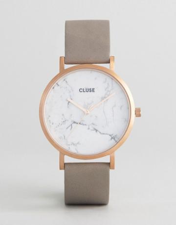 Cluse La Roche Rose Gold White Marble & Gray Leather Watch Cl40005 - G