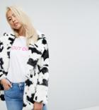 Jakke Mid Length Faux Fur Coat In Cow Print - Multi